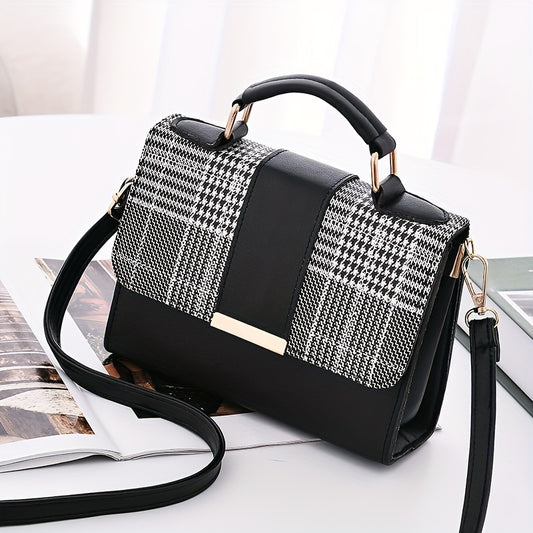 Trendy Plaid Pattern Handbags, Snap Button Crossbody Bag, Women's Top Handle Flap Purses For Everyday