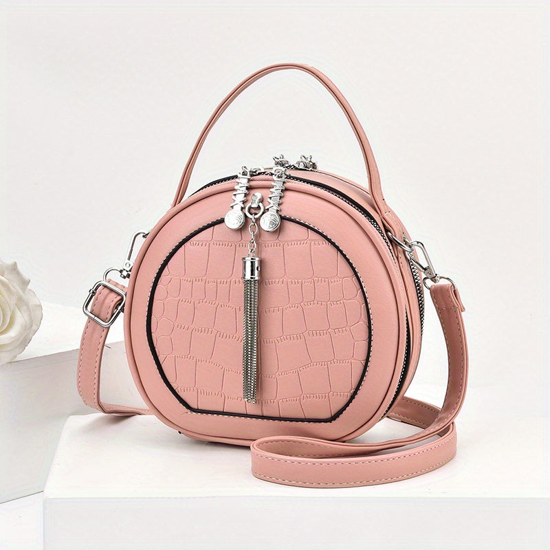 realaiot  Small Circular Crossbody Bag, PU Leather Shoulder Bag For Women, Fashion Zipper Handbag