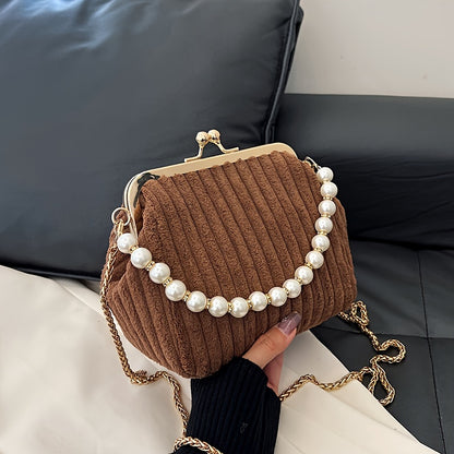 realaiotPlush Striped Ruched Handbag, Elegant Clip Purse With Faux Pearl Chain, Women's Mini Chain Crossbody Bag For Banquet Evening Party Prom