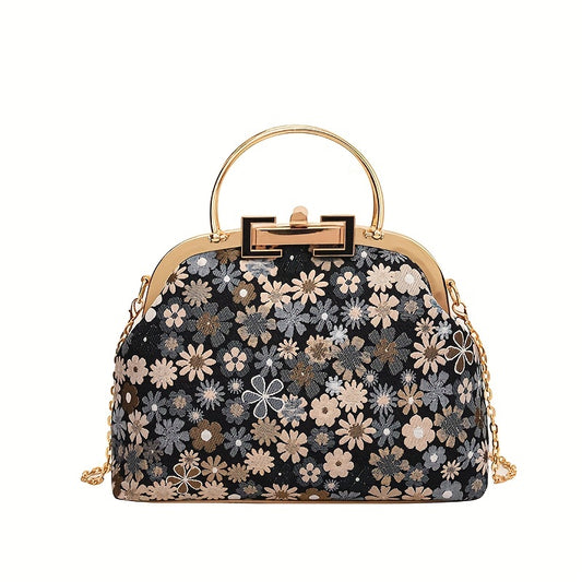 Vintage Flower Graphic Handbag, Top Ring Clip Purse For Women, Elegant Chain Crossbody Bag