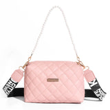 realaiot  Argyle Quilted Crossbody Bag, Faux Pearl Chain Square Purse, Women's PU Leather Shoulder Bag