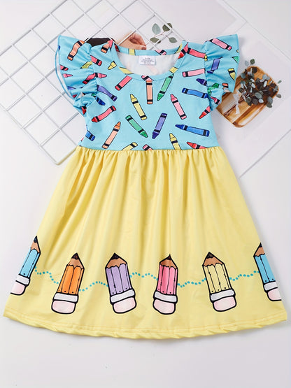 Toddler Girls Ruffle Trim Colorful Crayon Graphic Princess Dress For Back To School Season Party, Cute Kids Summer Clothes