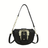 Elegant Flap Saddle Shoulder Bag, Trendy Shoulder Bag, Metal Buckle Decor Underarm Bag