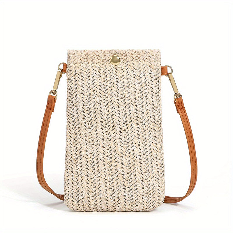 realaiot  Simple Straw Shoulder Bag, Solid Color Crossbody Bag, All-Match Phone Storage Bag