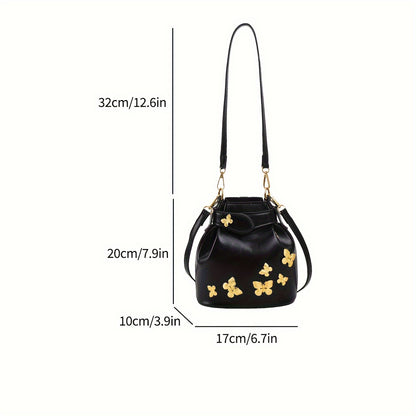 realaiot  Butterfly Decor Bucket Bag, Trendy Mini Crossbody Bag, Women's Luxury Drawstring Handbag