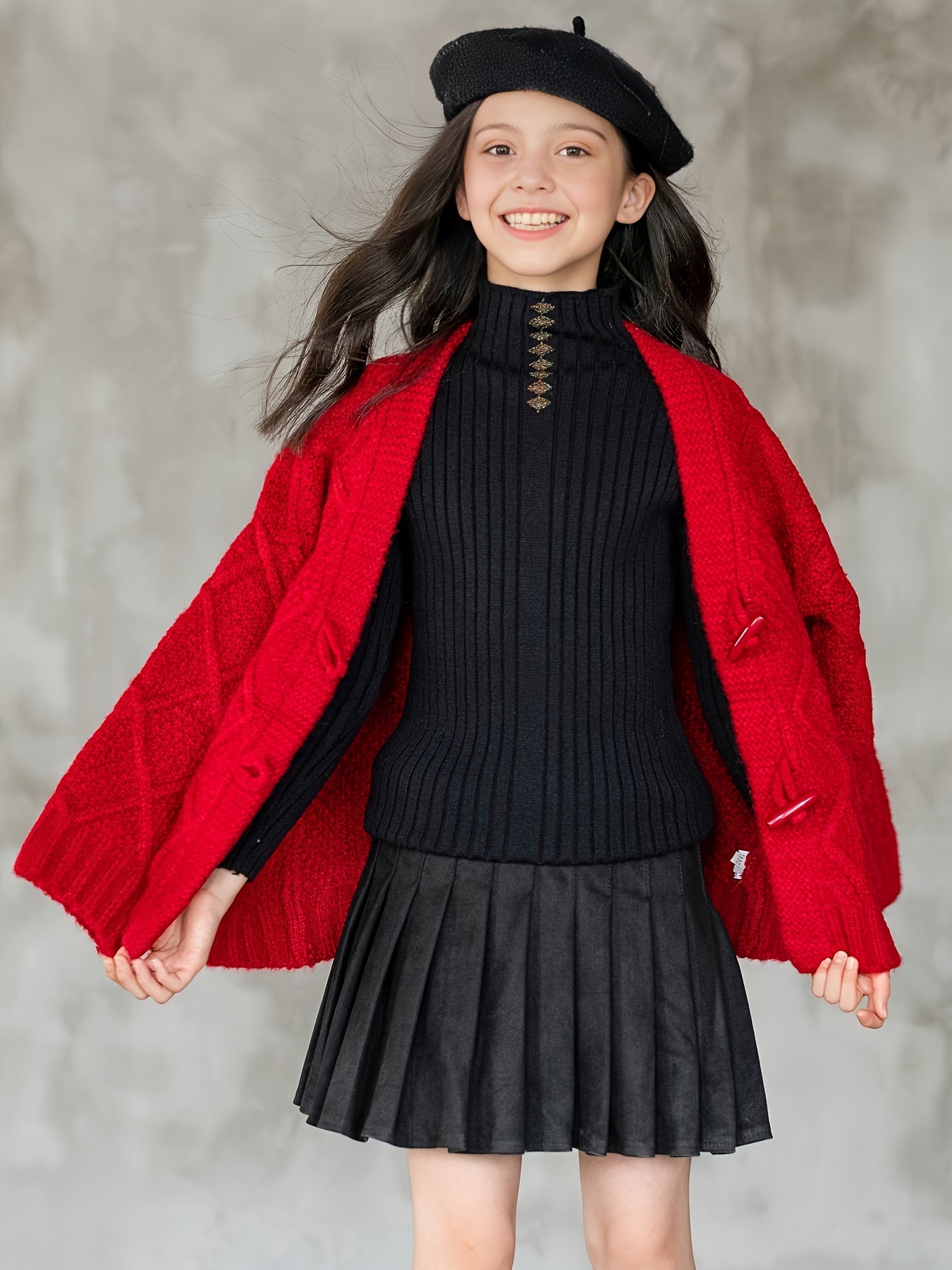 Casual Pockets Knit Cardigan Coat For Girls, Solid Color Long Sleeve Knitted Outerwear Winter/ Fall Clothing, 1pc