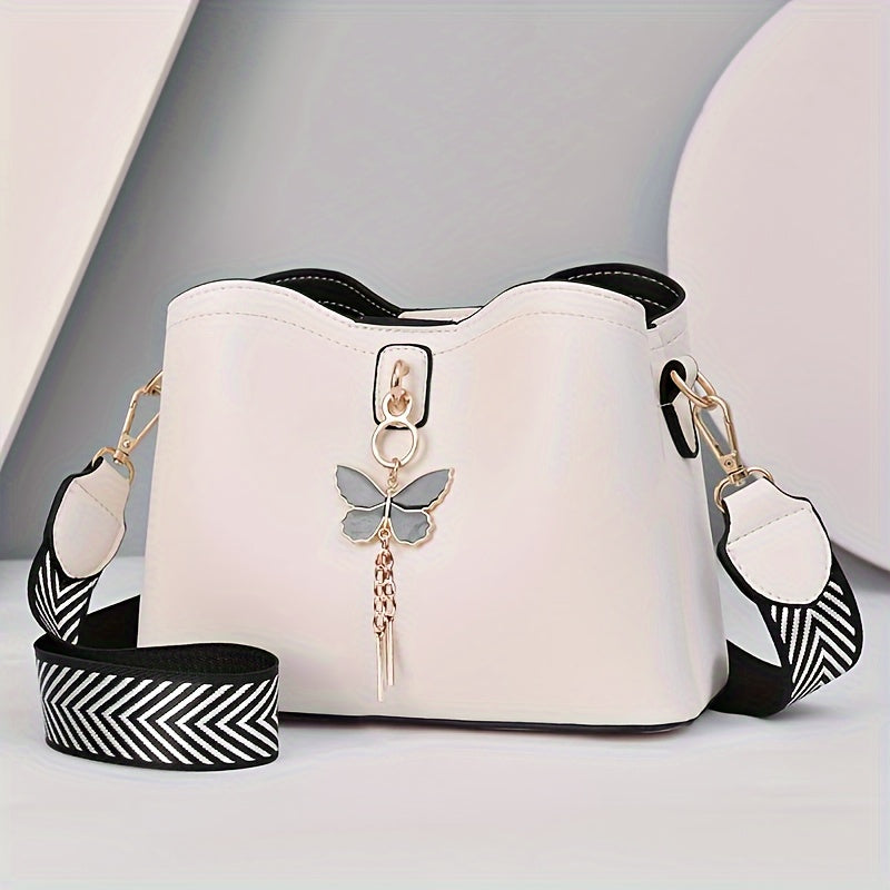 Butterfly Decor Crossbody Bag, Fashion Solid Color Bucket Bag, Women's Shoulder Bag With Wide Strap