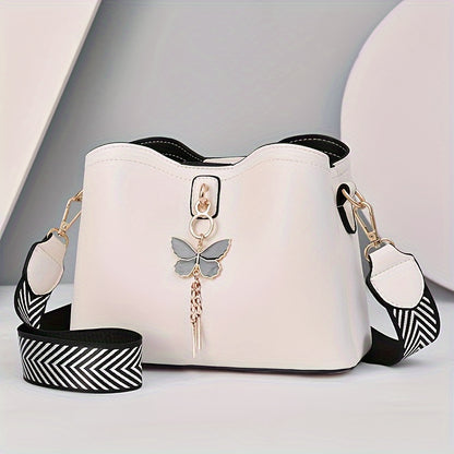 Butterfly Decor Crossbody Bag, Fashion Solid Color Bucket Bag, Women's Shoulder Bag With Wide Strap