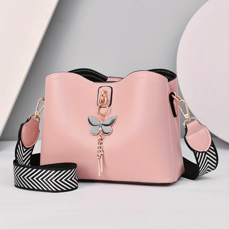 realaiot  Butterfly Decor Bucket Bag, Geometric Strap Crossbody Bag, Women's Faux Leather Shoulder Bag (9.1*7.1*4.3) Inch