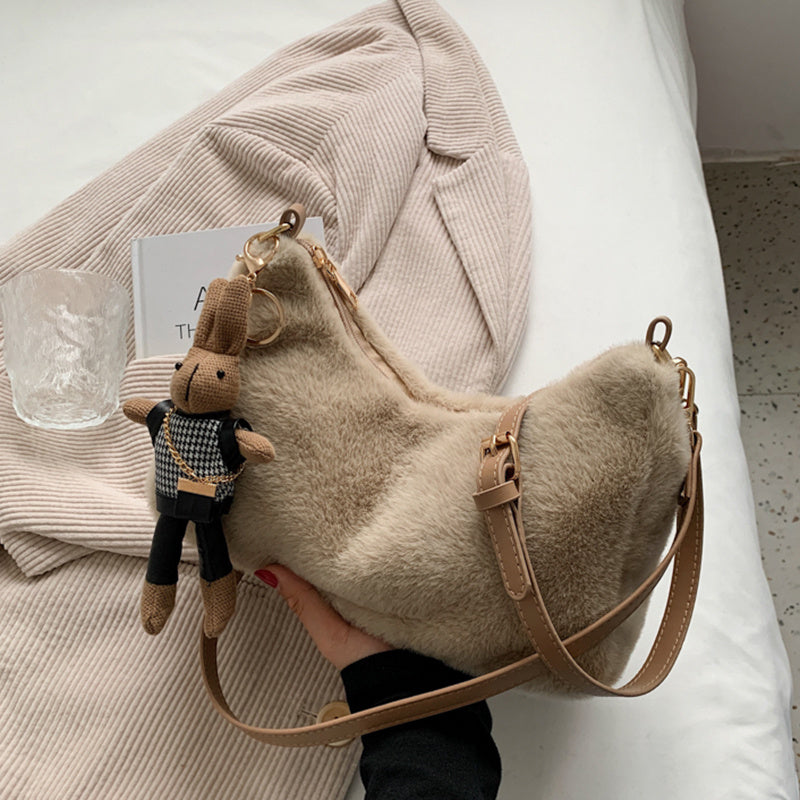 Trendy Zipper Plush Shoulder Bag, Stylish All-Match Crossbody Bag, Versatile Bag With Rabbit Pendant