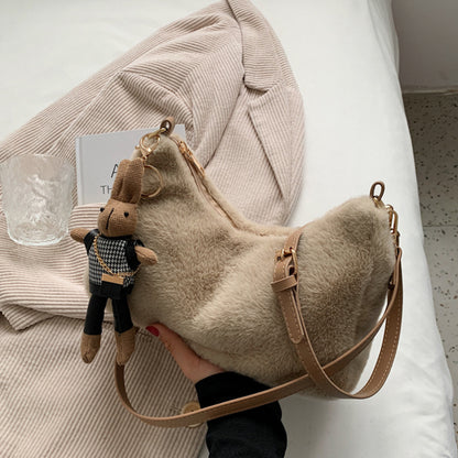 Trendy Zipper Plush Shoulder Bag, Stylish All-Match Crossbody Bag, Versatile Bag With Rabbit Pendant