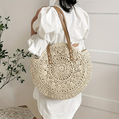 realaiot  Woven Straw Round Handbags, Hollow Out Summer Beach Bag, Women's Large Capacity Shoulder Bag