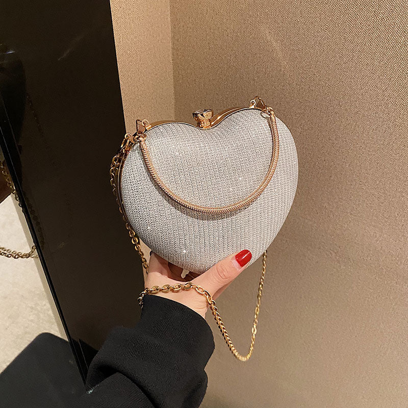 Mini Heart Shaped Pron Purse, Glitter Chain Crossbody Bag, Women's Box Handbag For Wedding & Party (5.6*4.9*1.6) Inch