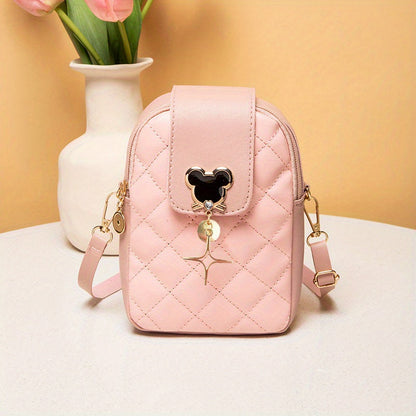 Mini Quilted Mouse Decor Crossbody Bag, PU Leather Textured Bag, Classic Versatile Fashion Shoulder Bag