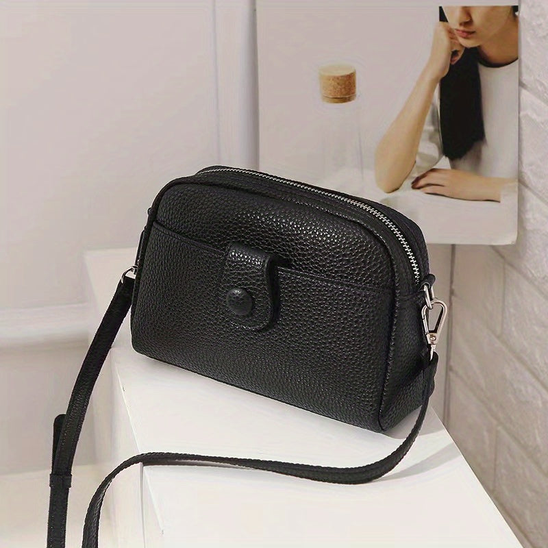realaiot  Simple Zipper Cell Phone Crossbody Bag, PU Leather Textured Bag Purse, Classic Versatile Fashion Shoulder Bag
