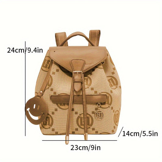 realaiot Retro Letter Pattern Backpack, Fashion Drawstring Rucksack, Women's Buckle Flap Travel Schoolbag