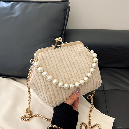 realaiotPlush Striped Ruched Handbag, Elegant Clip Purse With Faux Pearl Chain, Women's Mini Chain Crossbody Bag For Banquet Evening Party Prom