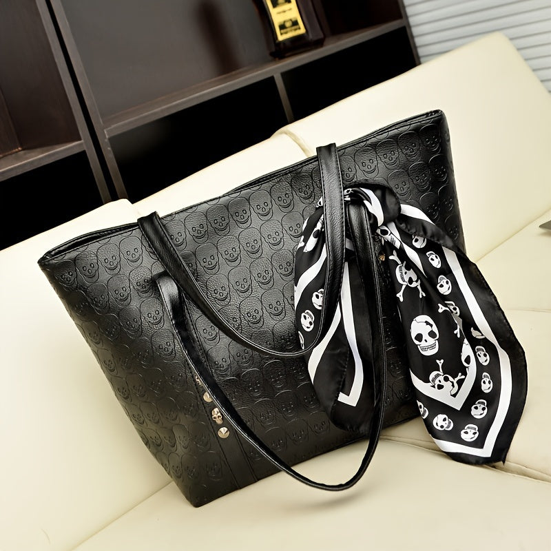 realaiot  Classic Skull Pattern Tote Shoulder Bag, Black Minimalist Commuter Bag With Scarf Decor For Women