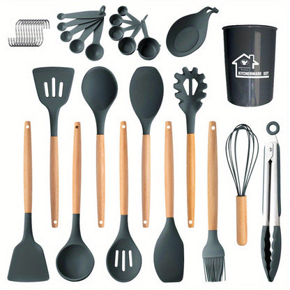 3/13/33pcs Wooden Handle Silicone Kitchenware Silicone Spoon Shovel Kitchen Gadgets Set Kitchen Cooking Tools Back To School Supplies