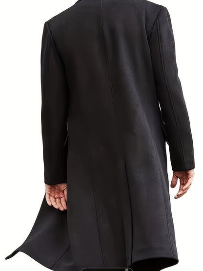 Men's Plus Size Fleece-Lined Trench Coat - Solid Color, Business Casual Style with Lapel Collar for Fall/Winter, PLUS SIZE