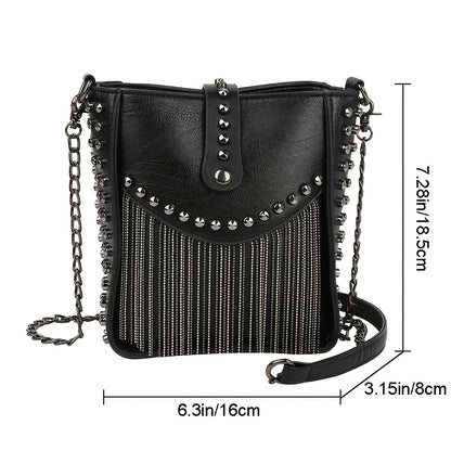 realaiot  Mini Tassel Studded Bucket Bag, Punk Style Crossbody Bag, Women's Trendy Handbag, Shoulder Bag & Purse