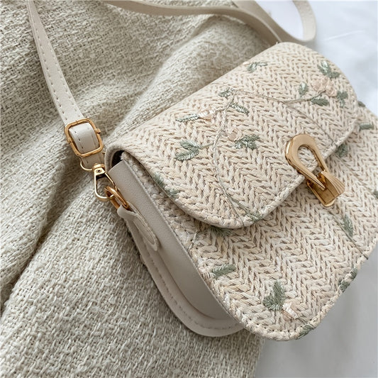 realaiot  Floral Embroidery Straw Saddle Bag, Mini Woven Crossbody Bag, Women's Buckle Decor Flap Purse (7.67*5.51*2.95) Inch