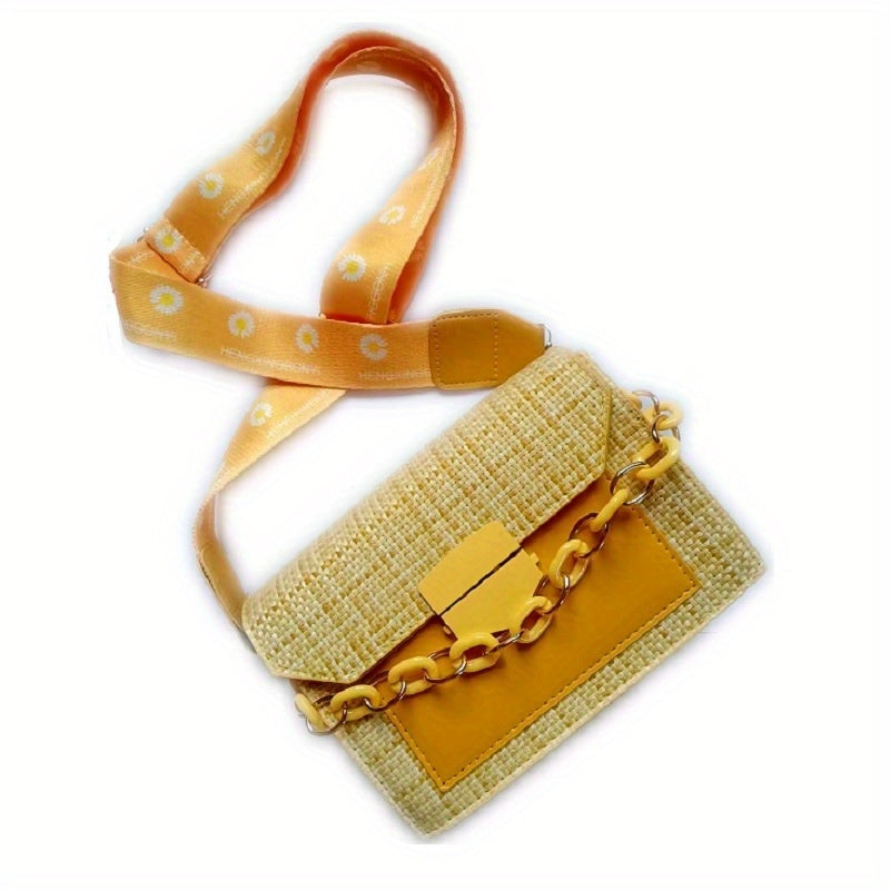 realaiot  Plaid Pattern Square Bag, Wide Strap Crossbody Bag, Women's Chain Decor Flap Purse