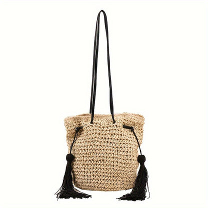 Trendy Drawstring Bucket Bag, Retro Woven Paper Straw Bag, Boho Style Shoulder Bag For Travel Vacation Beach