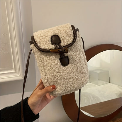 realaiot Simple Plush Mobile Phone Bag, Women Faux Lambswool Crossbody Bag, Fashion Autumn Winter Square Purse