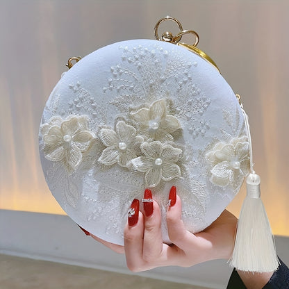 realaiot  Floral Embroidery Round Evening Bag, Clutch Wedding Purse For Women, Party Banquet Flower Bag Hanfu Accessories