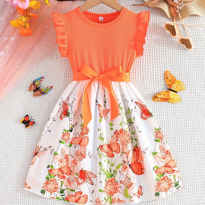 Girls Enchanting Fantasy Butterfly Print Spliced Midi Dress -Casual Summer Holiday Style - Perfect Gift Idea