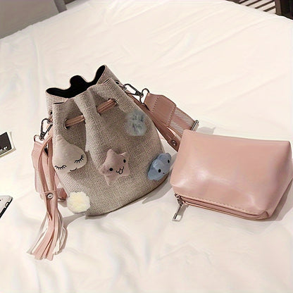 realaiot 2pcs/set Mini Cute Bucket Bag, Kawaii Drawstring Crossbody Bag, Women's Lovely Handbag, Shoulder Bag & Purse