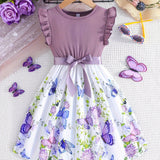 Girls Enchanting Fantasy Butterfly Print Spliced Midi Dress -Casual Summer Holiday Style - Perfect Gift Idea