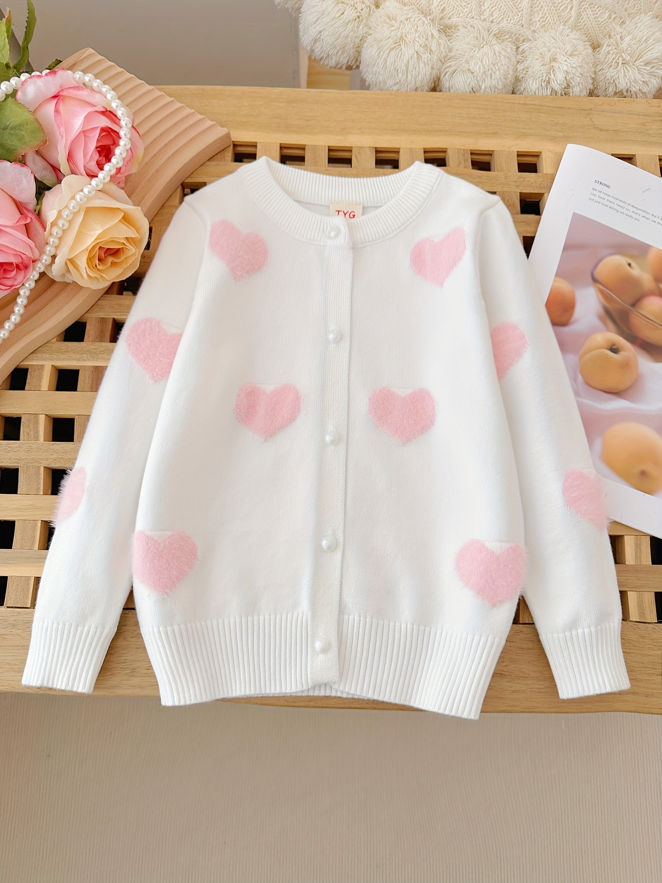 Toddler Girls Exquisite Knit Cardigan - Soft, Vibrant Red with Adorable White Heart Patterns, Classic Button-Front, Long Sleeves - Perfect for Spring and Autumn, Latest  Fashion Trend