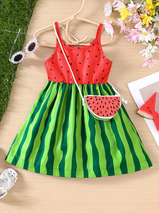 Adorable Watermelon Cami Dress & Matching Bag Set - Sweet Girls Themed Style for Summer Fun Parties - Perfect Gift Idea