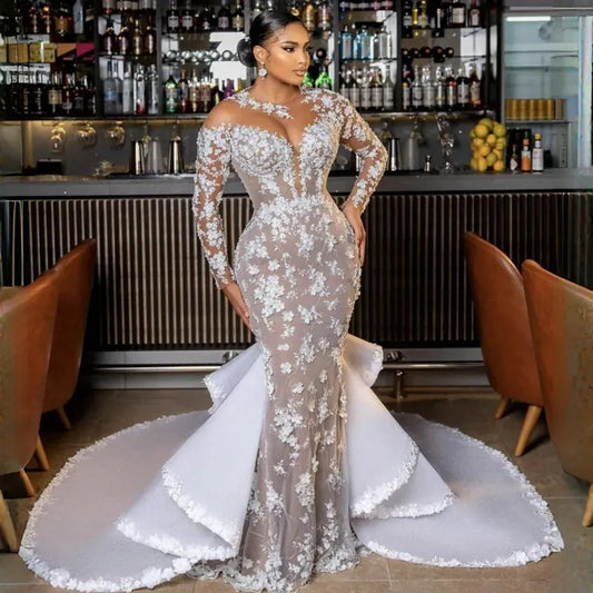 Plus Size Aso Ebi Wedding Dresses Mermaid Elegant Long Sleeves Sheer Neck Lace Beaded Bridal Dress for African Black Women with Detachable Train Bridal Gowns CDW061