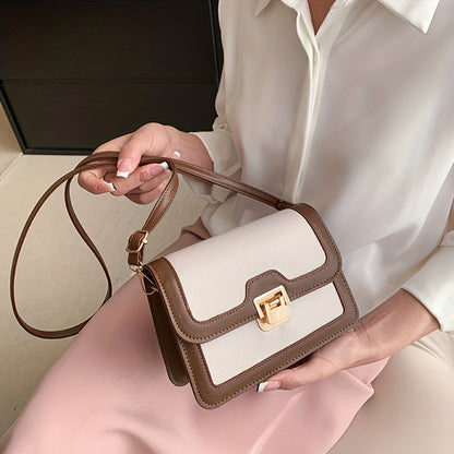 realaiot  Faux Leather Flap Shoulder Bag, Color Block Two Tone Square Bag, Contrast Binding Buckle Crossbody Bag