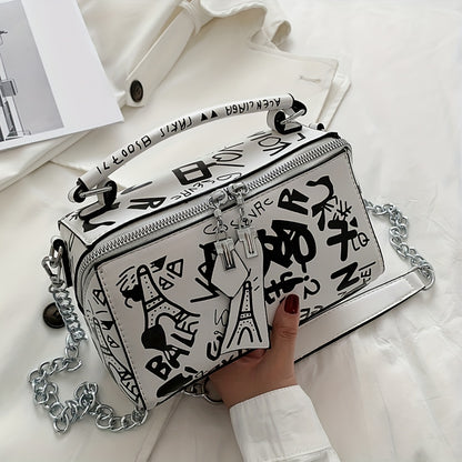 Graffiti Handbags For Women, Trendy Chain Crossbody Bag, Small Zipper Box Purse