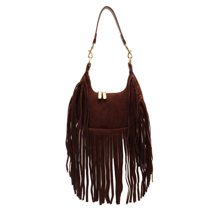 Retro Tassel Shoulder Bag, Bohemian Suede Crescent Bag, Trendy Fringed Handbag For Women