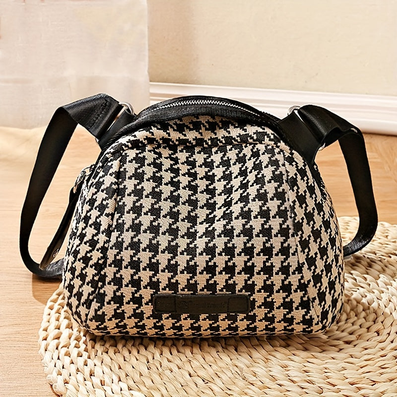 realaiot  Houndstooth Pattern Shell Bag, Lightweight Canvas Crossbody Bag, Casual Shoulder Purse For Women