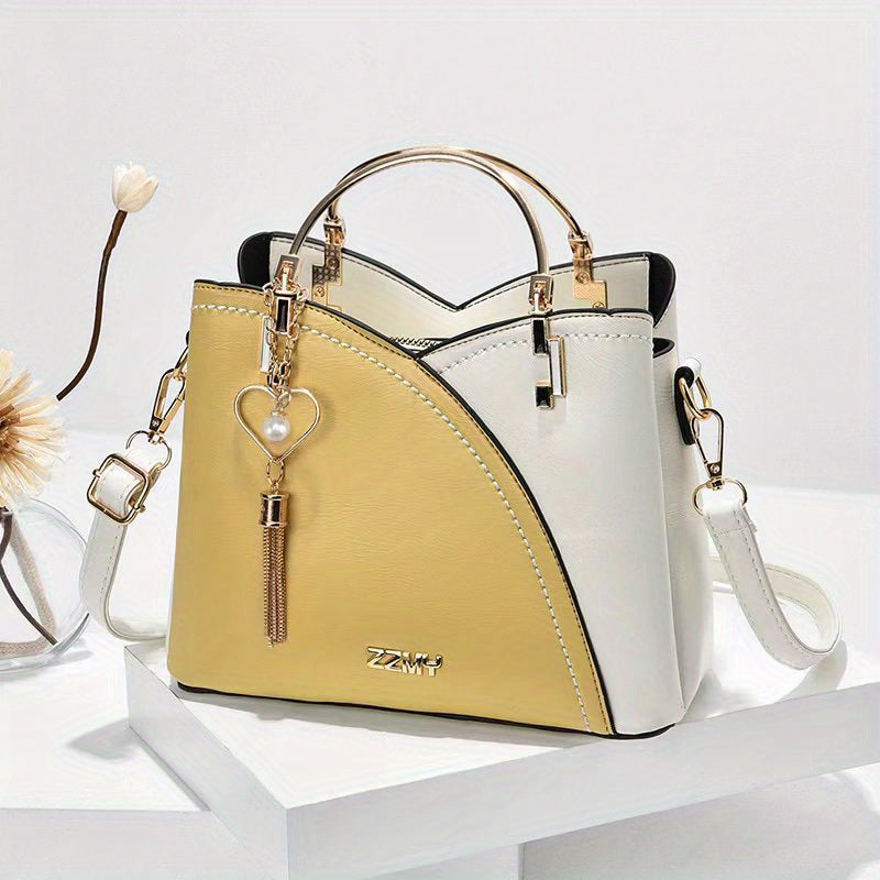 realaiot  Color Block Satchel Bag, Trendy Metal Tassel Decor Crossbody Bag, Women's Top Ring Purse (9.1*7.5*4.5) Inch