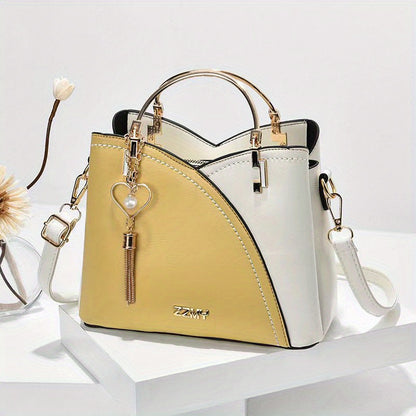 realaiot  Color Block Satchel Bag, Trendy Metal Tassel Decor Crossbody Bag, Women's Top Ring Purse (9.1*7.5*4.5) Inch