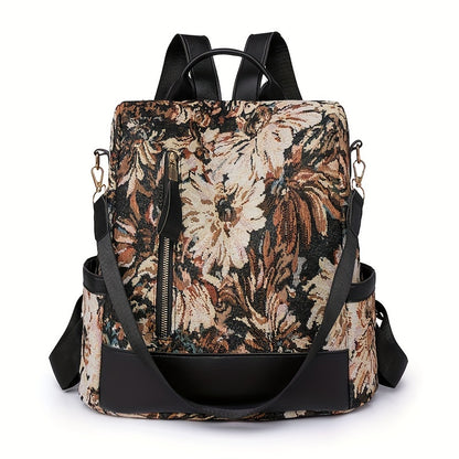 Vintage Floral Pattern Backpack, Anti-Theft Convertible Travel Daypack, Women's Fashion School Knapsack