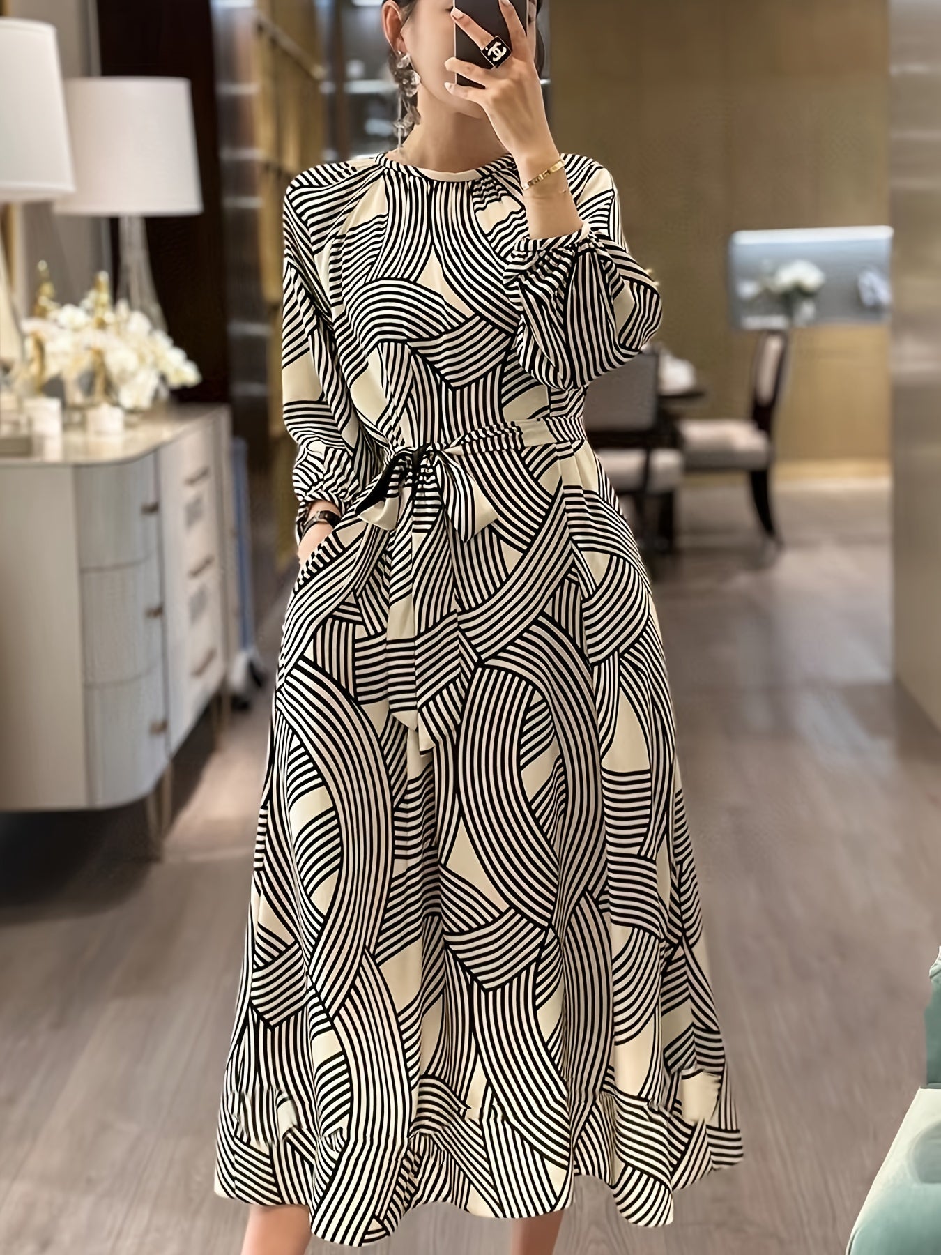 realaiot  Allover Print Belted Maxi Dress, Crew Neck Long Sleeve Elegant Dress, Women's Clothing