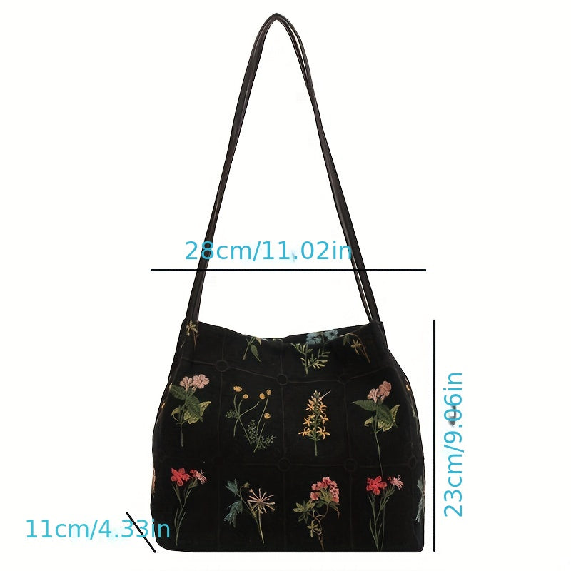 realaiot  Vintage Floral Embroidered Tote Bag, Retro Canvas Shoulder Hobo Bag, Women's Trendy Handbag & Bucket Purse