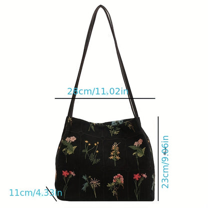 realaiot  Vintage Floral Embroidered Tote Bag, Retro Canvas Shoulder Hobo Bag, Women's Trendy Handbag & Bucket Purse