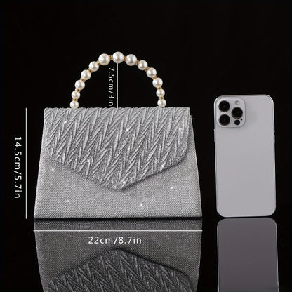 realaiot  Luxury Glitter Pleated Evening Bag, Elegant Faux Pearl Handle Clutch Purse, Women's Dress Handbag For Wedding Party Prom Banquet