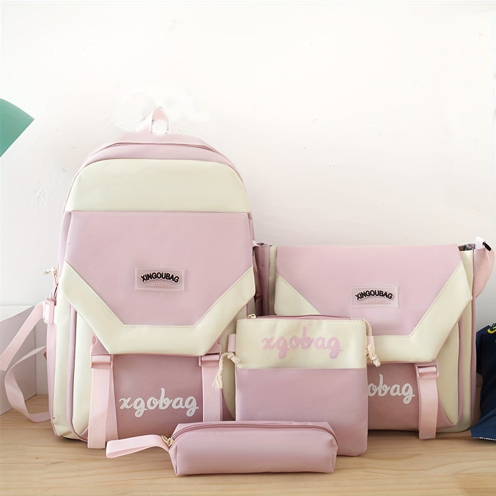 realaiot  4PCS Kawaii Cute Backpack Set, Preppy Back To School Daypack, Casual Travel Knapsack, Tote Bag, Crossbody Bag & Pencil Bag