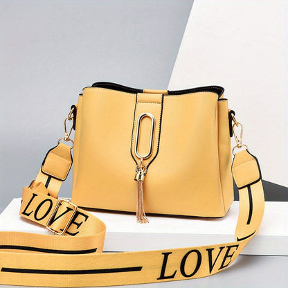 Letters Strap Bucket Bag, Tassel Decor Crossbody Bag, Women's Small Shoulder Purses