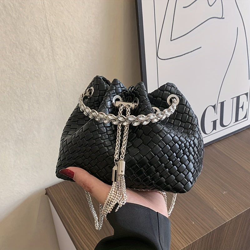 Mini Woven Bucket Bag For Women, Trendy Rhinestone Handbag, PU Leather Crossbody Bag With Chain Strap